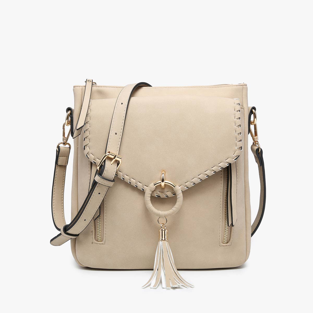 Layla Faux Suede Whipstitch Crossbody w/ Tassel: Mauve