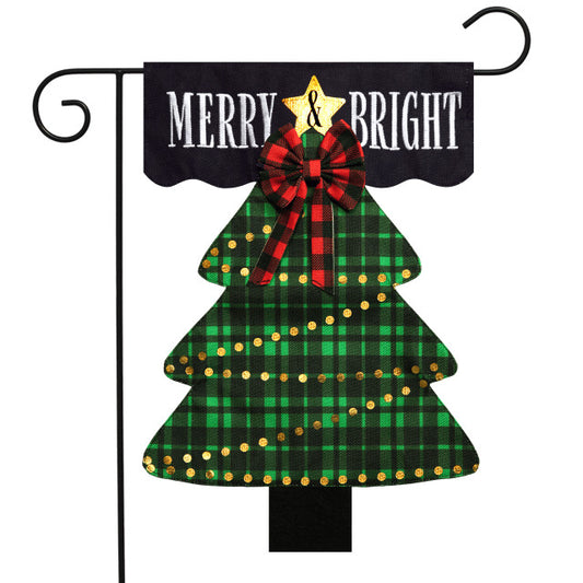 Merry and Bright Tree Double Sided Burlap Garden Flag
