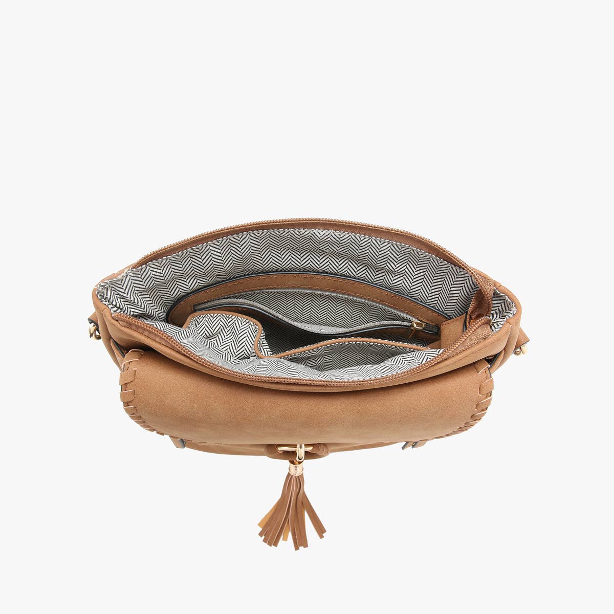 Layla Faux Suede Whipstitch Crossbody w/ Tassel: Mauve