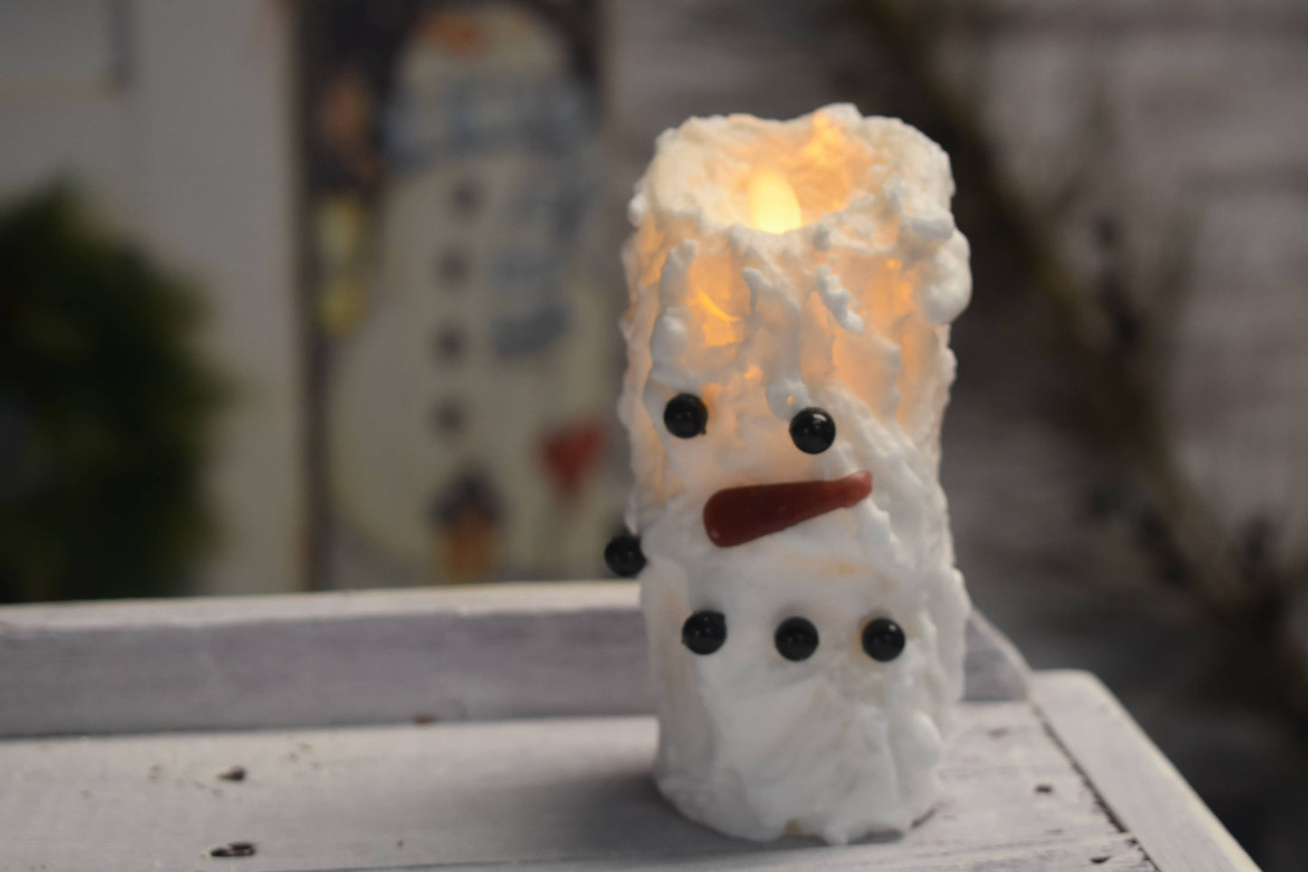 Snowman Bumpy Moving Flame LED Candle 2in by 5in