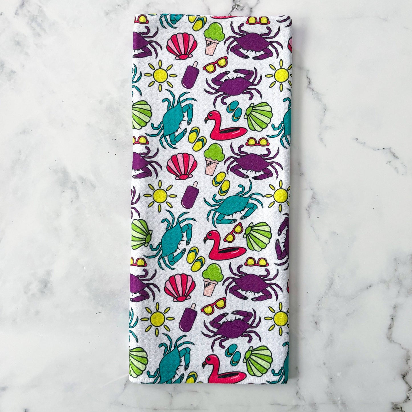 Maryland Summer Crab Patterned Waffle Kitchen Dish Towel: With a belly band