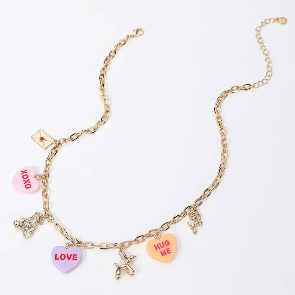 XOXO LOVE HUG ME Message Heart Teddy Bear Charm Necklace