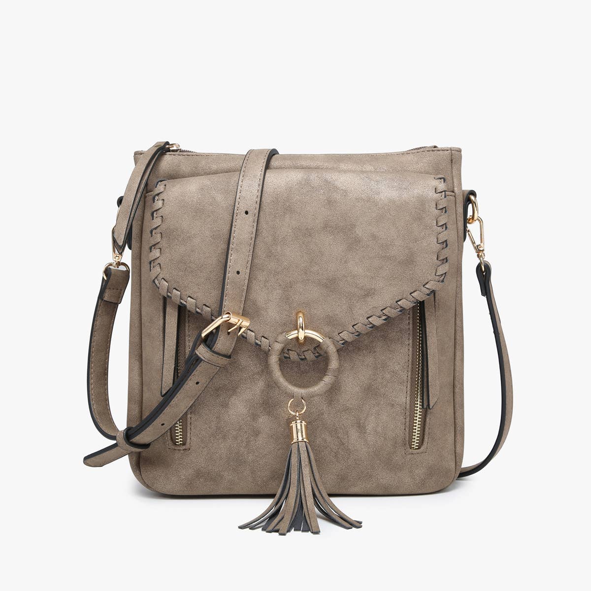 Layla Faux Suede Whipstitch Crossbody w/ Tassel: Mauve