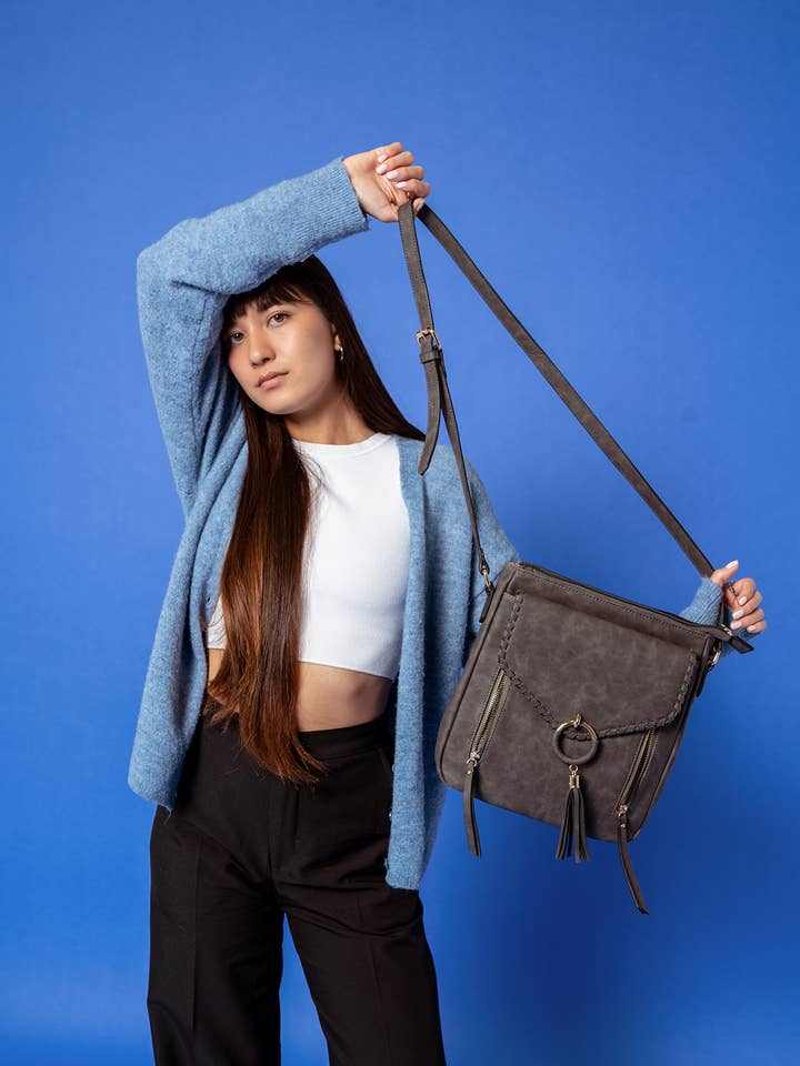 Layla Faux Suede Whipstitch Crossbody w/ Tassel: Mauve