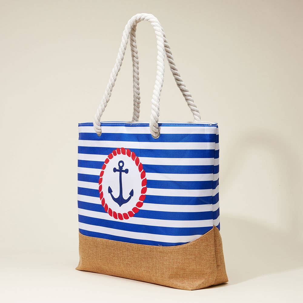Anchor Striped Rope Handle Beach Tote Bag