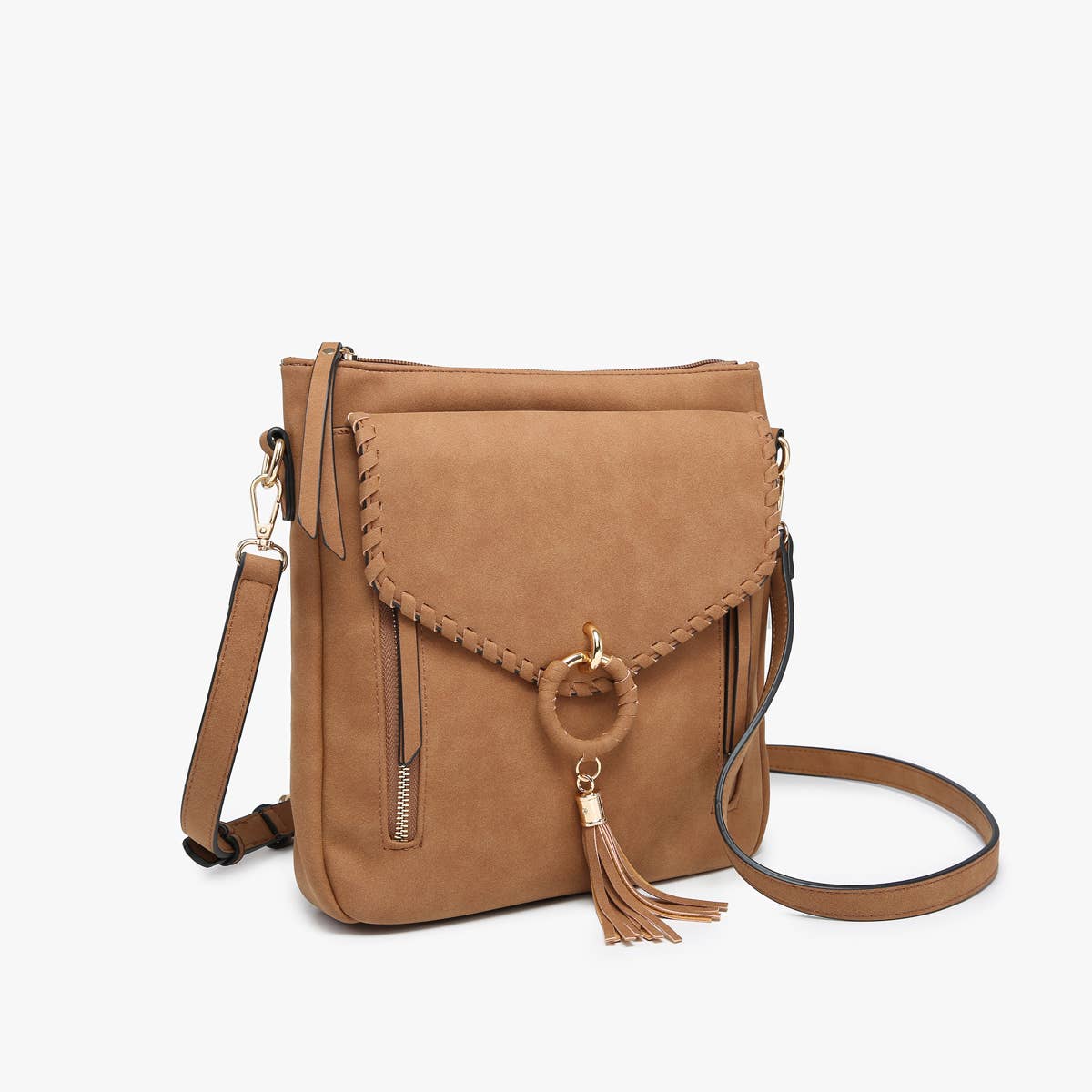 Layla Faux Suede Whipstitch Crossbody w/ Tassel: Mauve