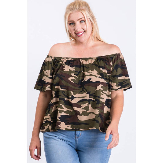 Camo Off The Shoulder Top - Plus Size