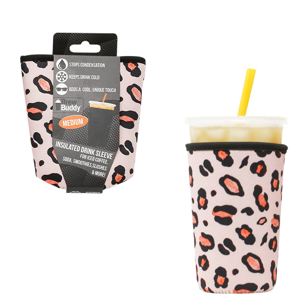 Brew Buddy Insulated Iced Coffee Sleeve - Pink Leopard (Medium)
