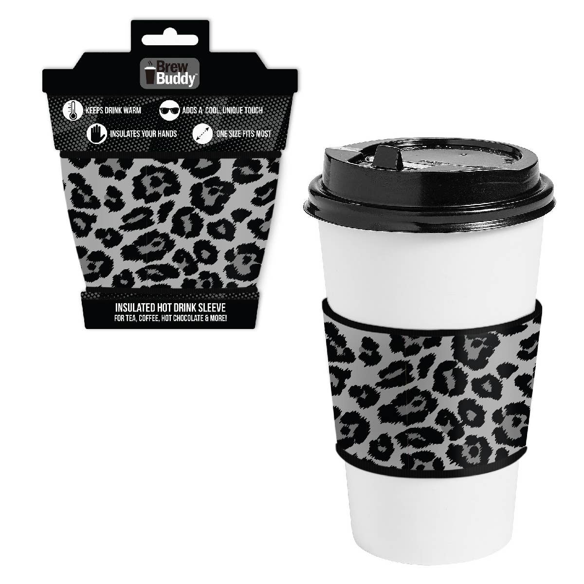 Brew Buddy Coffee + Hot Chocolate Sleeve | Grey Leopard