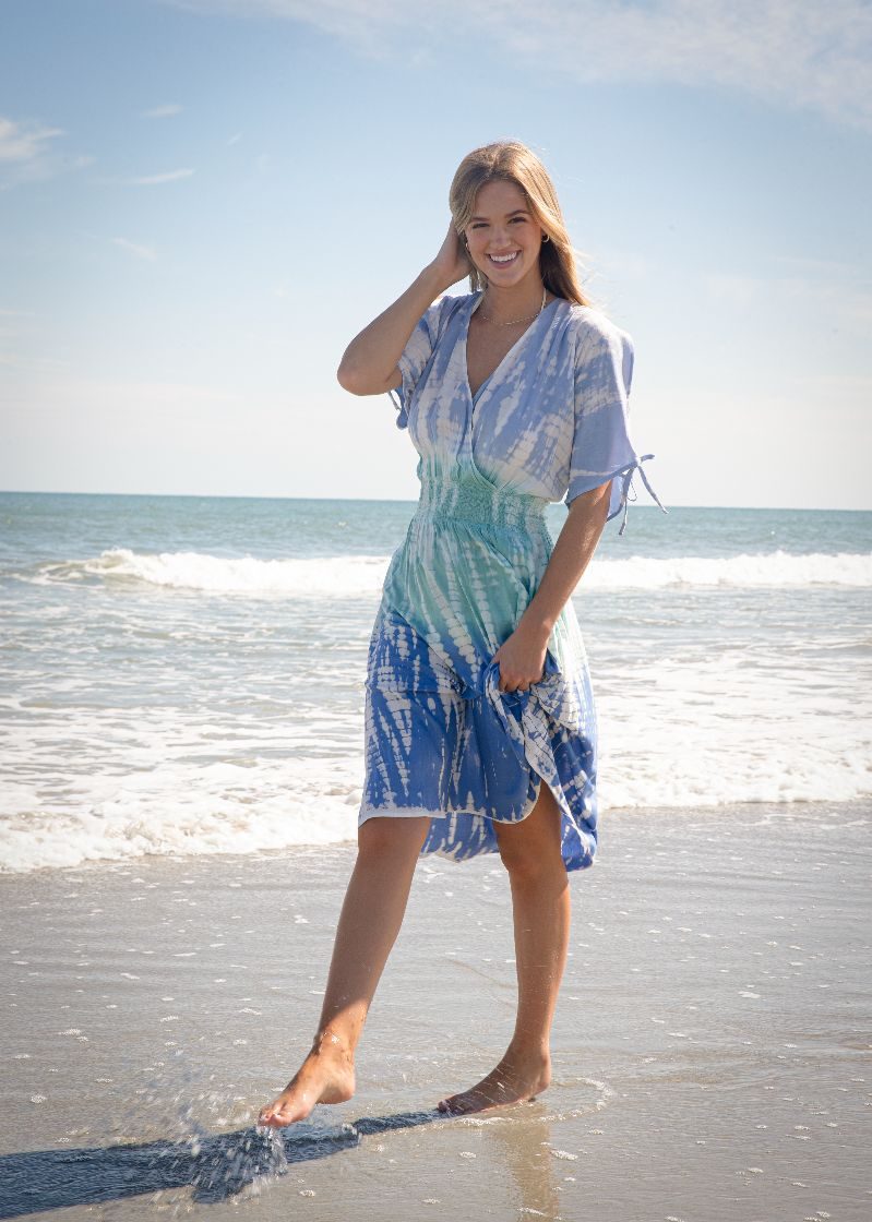 Tied Shoulder Dress- Tie Dye Blue