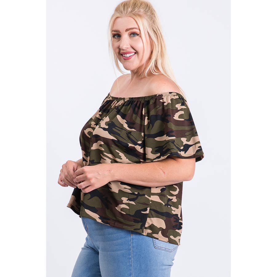 Camo Off The Shoulder Top - Plus Size