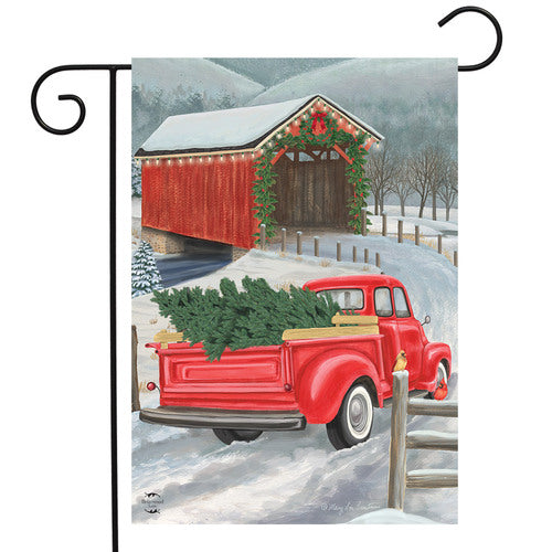 Festive Covered Bridge Christmas Garden Flag