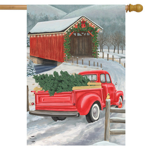 Festive Covered Bridge Christmas House Flag