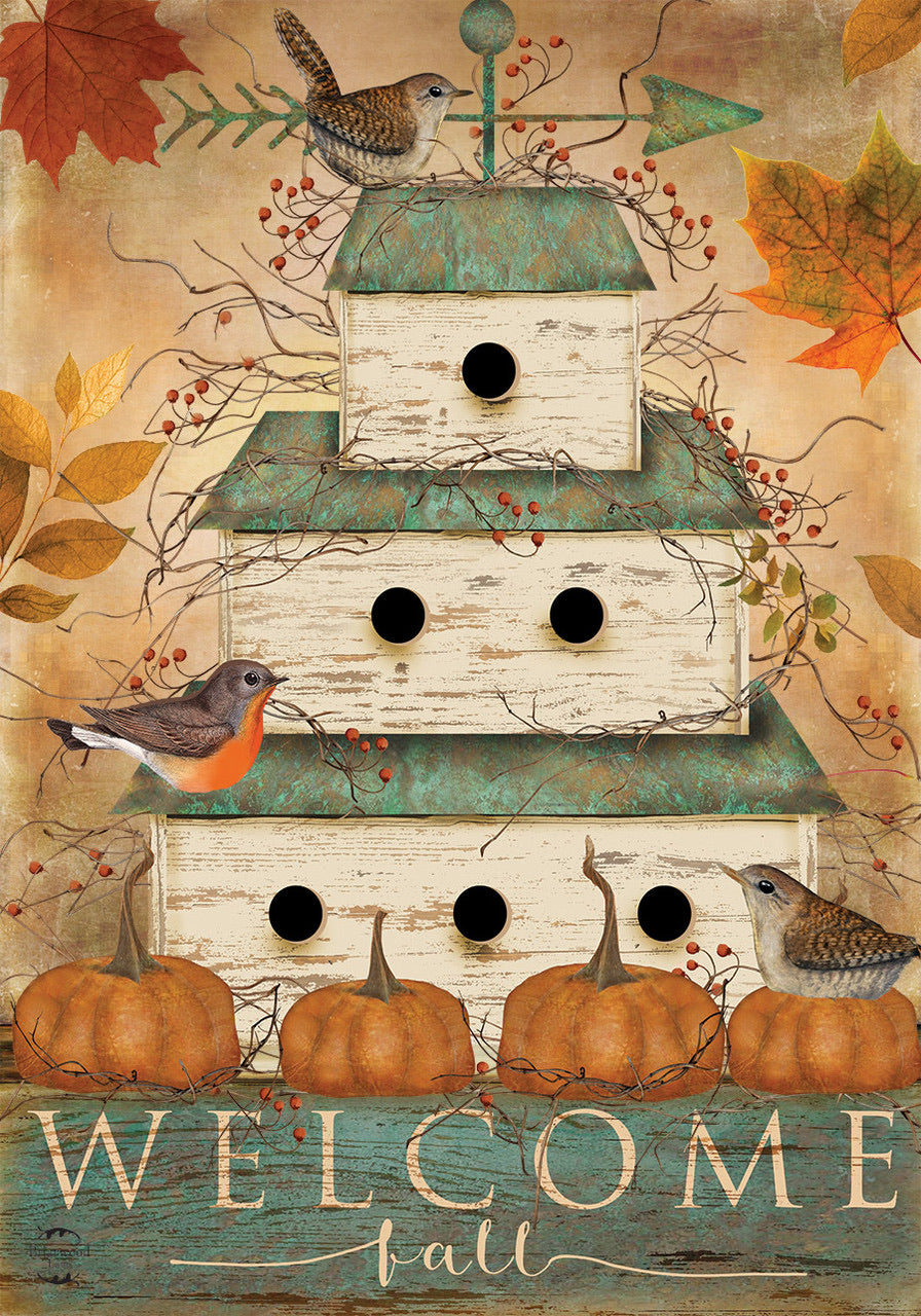 Welcome Fall Birdhouse House Flag