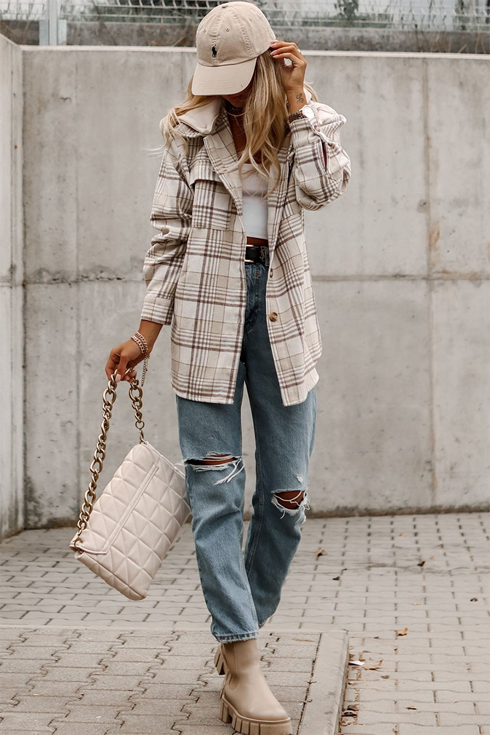 Khaki Plaid Shirt emovable Hood Buttoned Shacket: Khaki / 100%Polyester / M