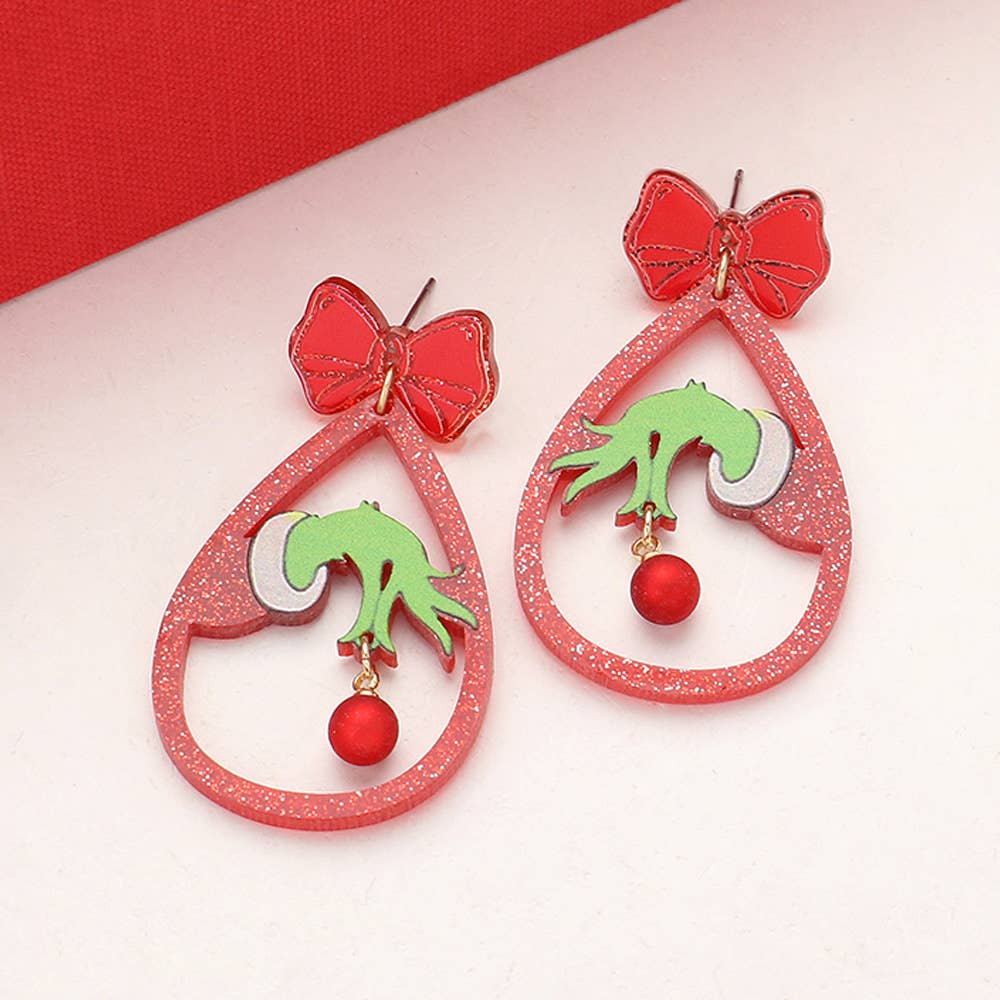 Glittered Resin Christmas Grinch Hand Teardrop Earring
