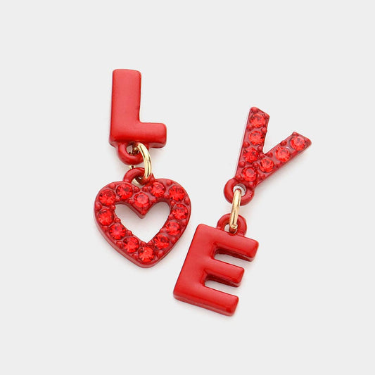 LOVE Rhinestone Message Mismatched Dangle Earrings: Red