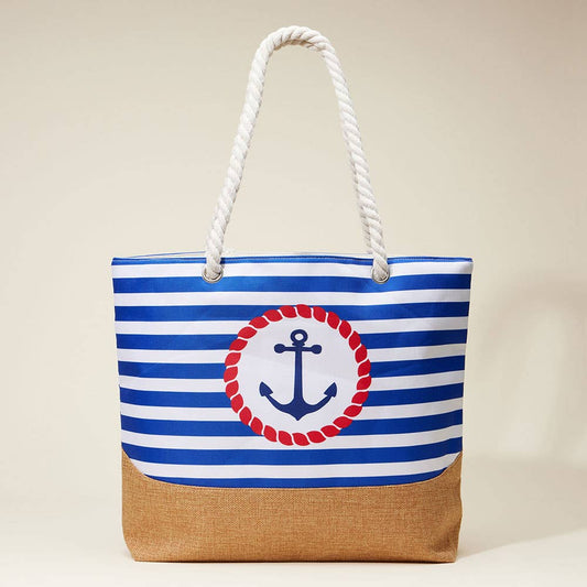 Anchor Striped Rope Handle Beach Tote Bag