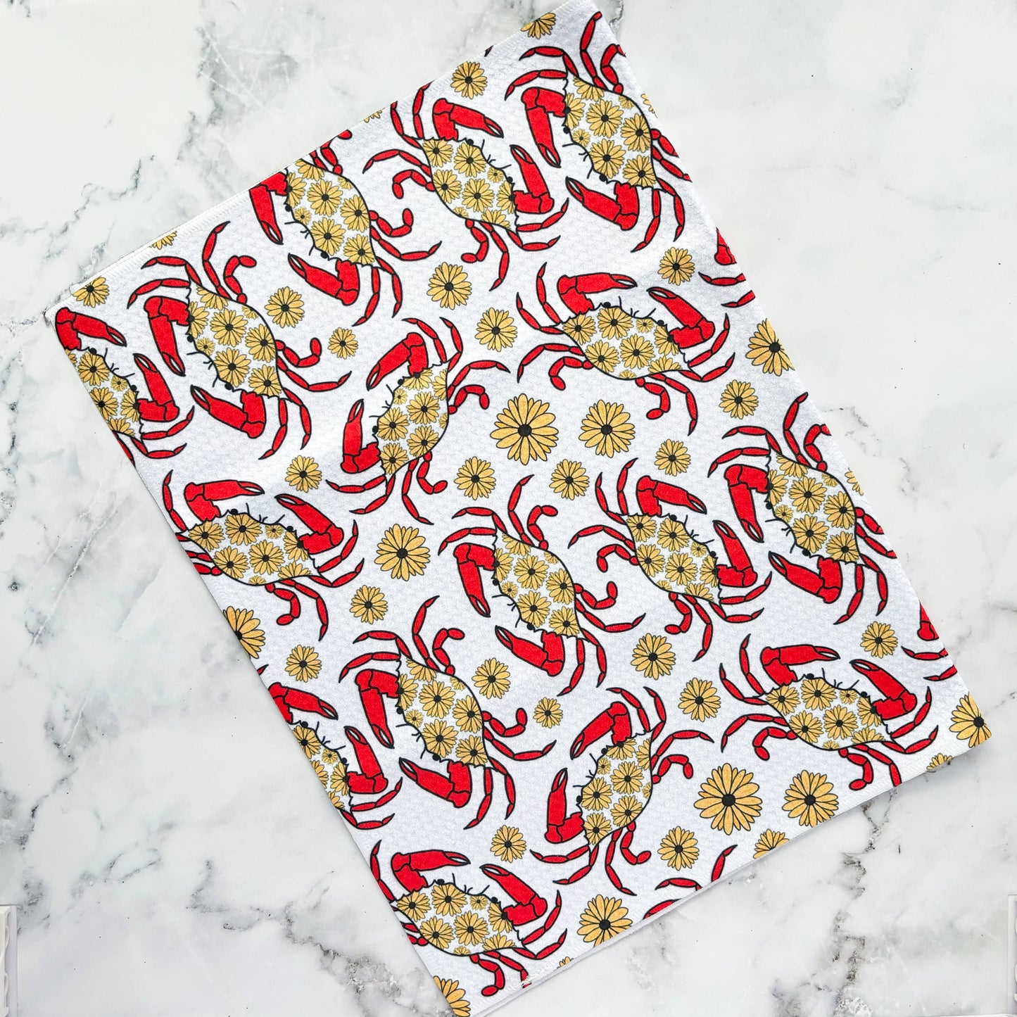 Maryland Red Crab Patterned Waffle Kitchen Dish Towel: With a belly band