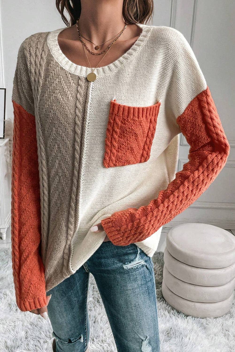 Gold Flame Patched Pocket Drop Shoulder Sweater