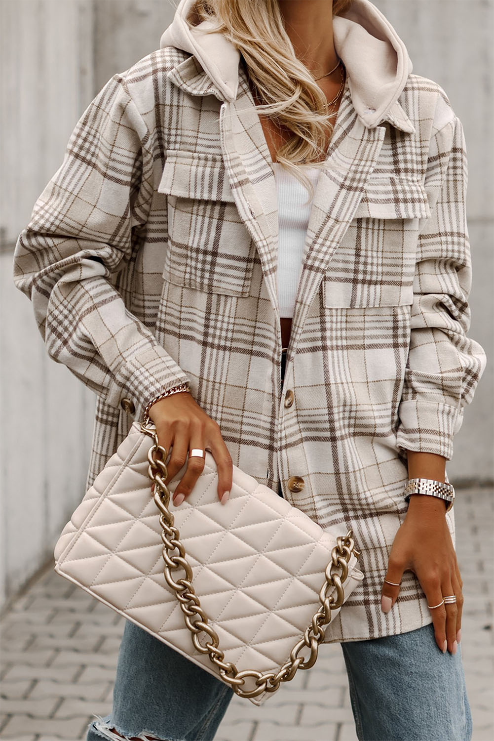 Khaki Plaid Shirt emovable Hood Buttoned Shacket: Khaki / 100%Polyester / M
