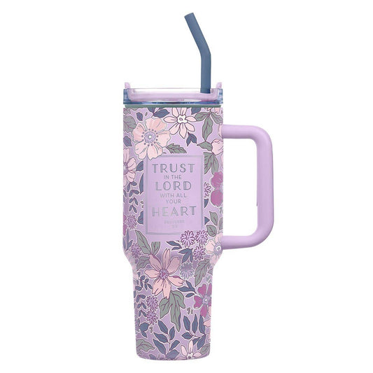 Tumbler w/straw SS Purple Floral Trust In The Lord Prov. 3:5