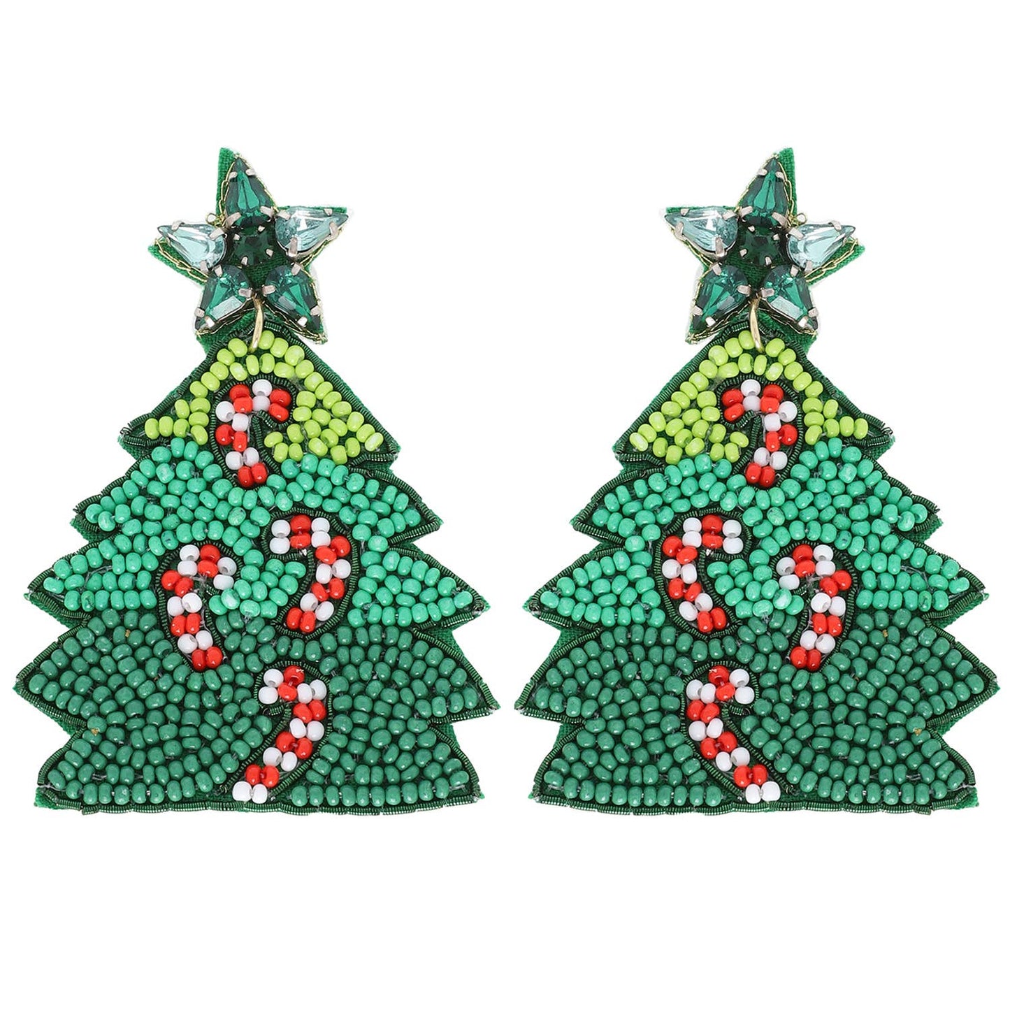 Jeweled Candy Cane Christmas Tree Beaded Earrings