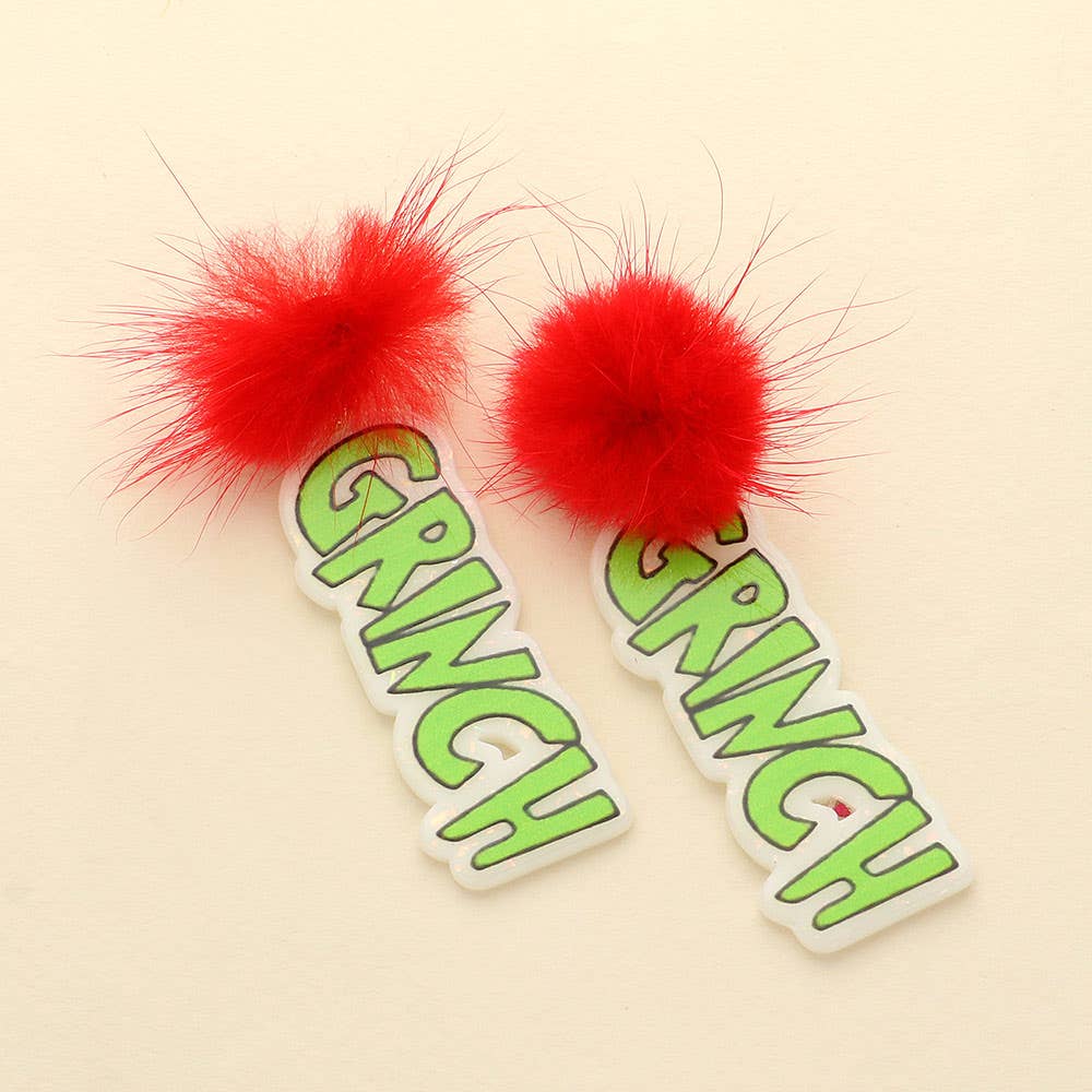 Resin Grinch Message Dangle Pom Pom Pointed Earrings