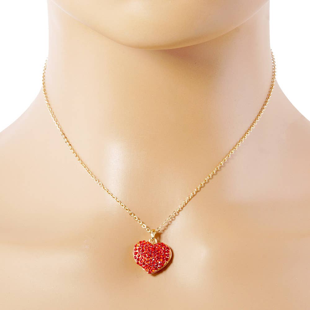 Crystal pave heart pendant necklace: Red