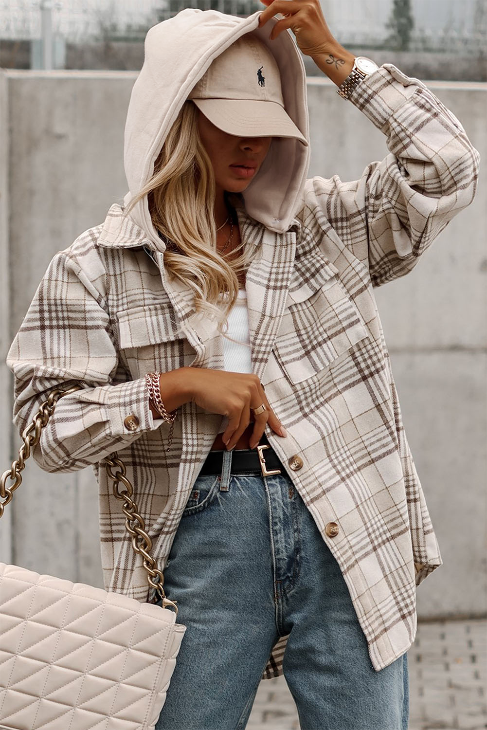 Khaki Plaid Shirt emovable Hood Buttoned Shacket: Khaki / 100%Polyester / M