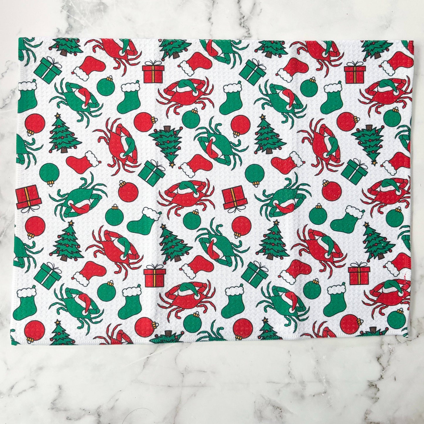 Maryland Christmas Crab Patterned Waffle Kitchen Dish Towel: With a belly band