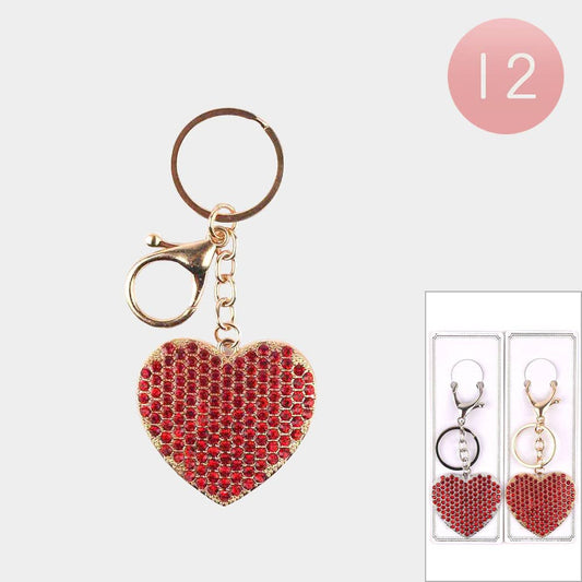 12PCS - Rhinestone Paved Heart Keychains