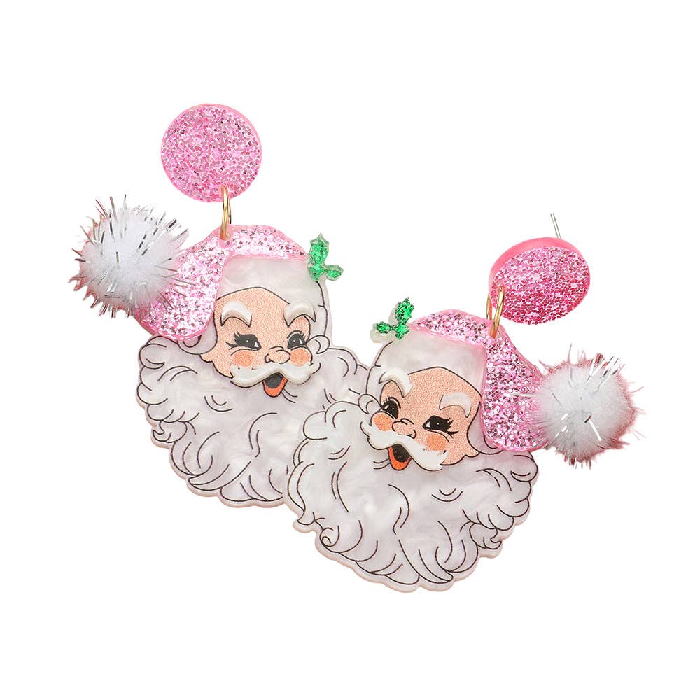 Glittered Pom Santa Dangle Earrings (Pink or Red)