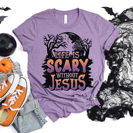 Life Is Scary Without Jesus Tee: Heather Deep Purple