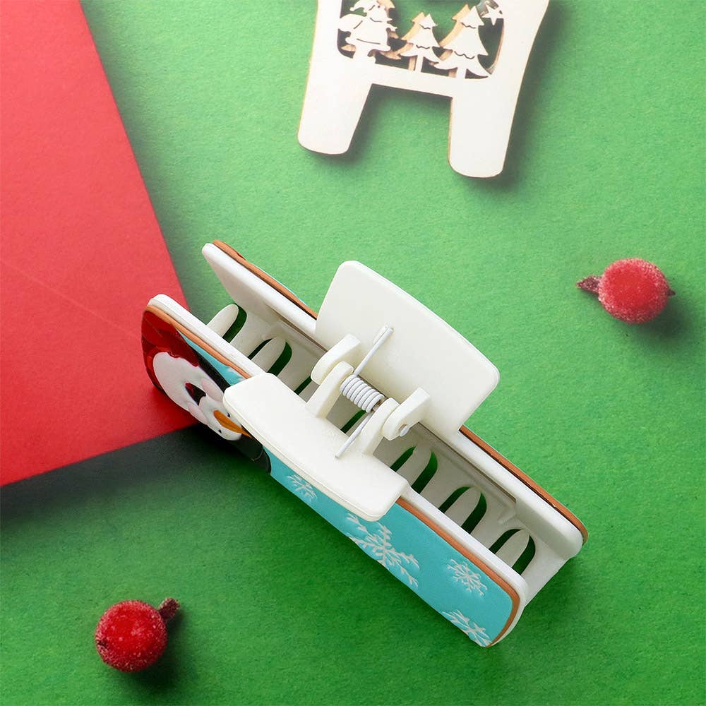 Faux Leather Embossed Christmas Snowman Hair Claw Clip