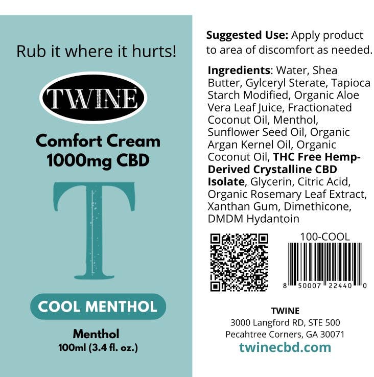 CBD Comfort Cream – Muscle & Joint Relief Cream with Shea Butter & Aloe 1000mg – Cool Menthol