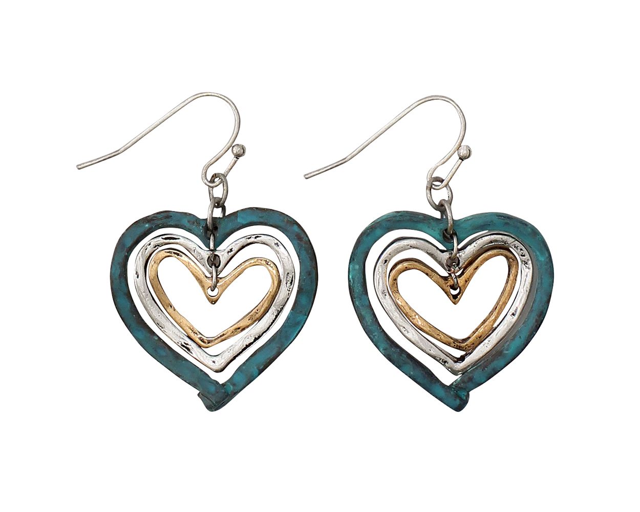 Silver, Gold and Patina Hearts Earrings