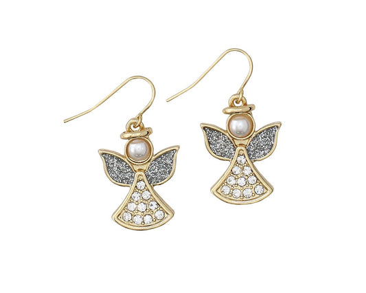 Silver and Gold Crystal Angels with Pearls Earrings