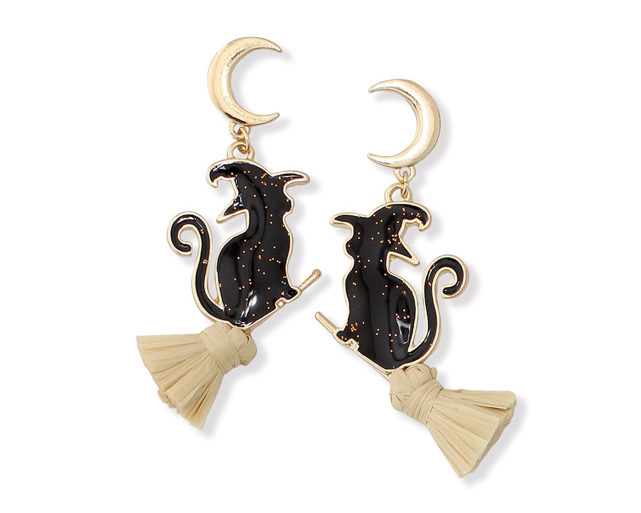 Gold Moons & Glitter Cats on Brooms Earrings