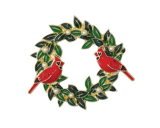 Cardinals on Holly Wreath Pin