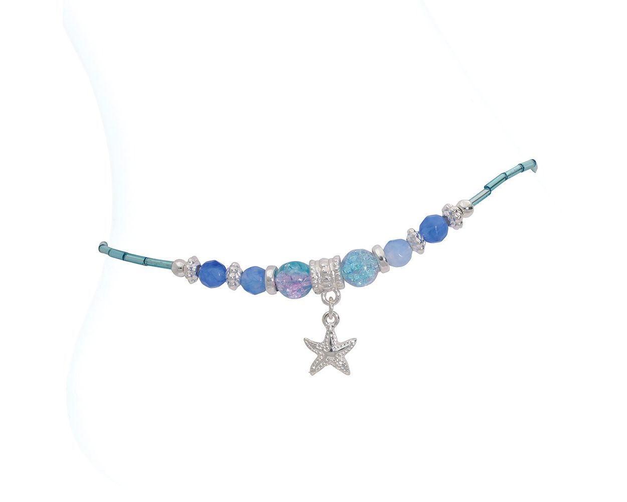 Silver Starfish and Blue Crackle Beads Anklet