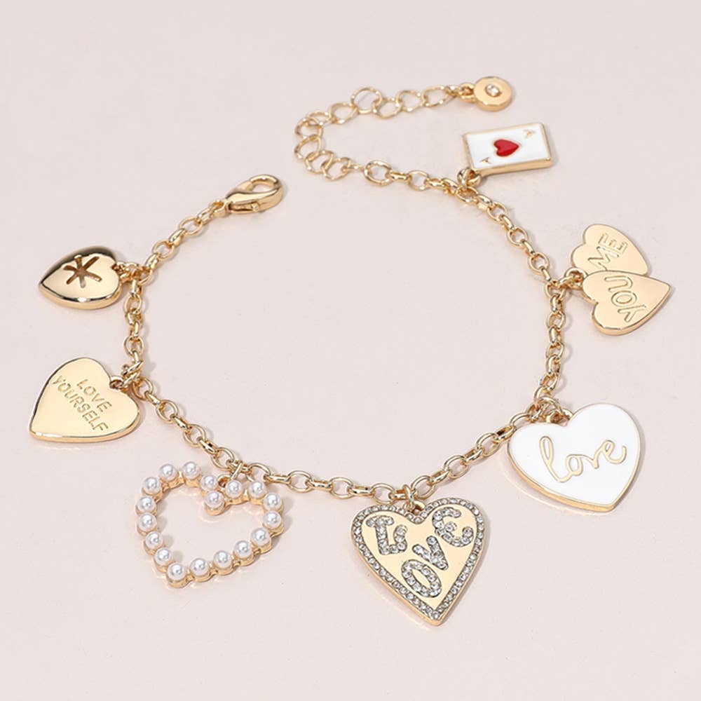 Enamel Heart LOVE YOURSELF YOU ME Pearl Heart Charm Bracelet