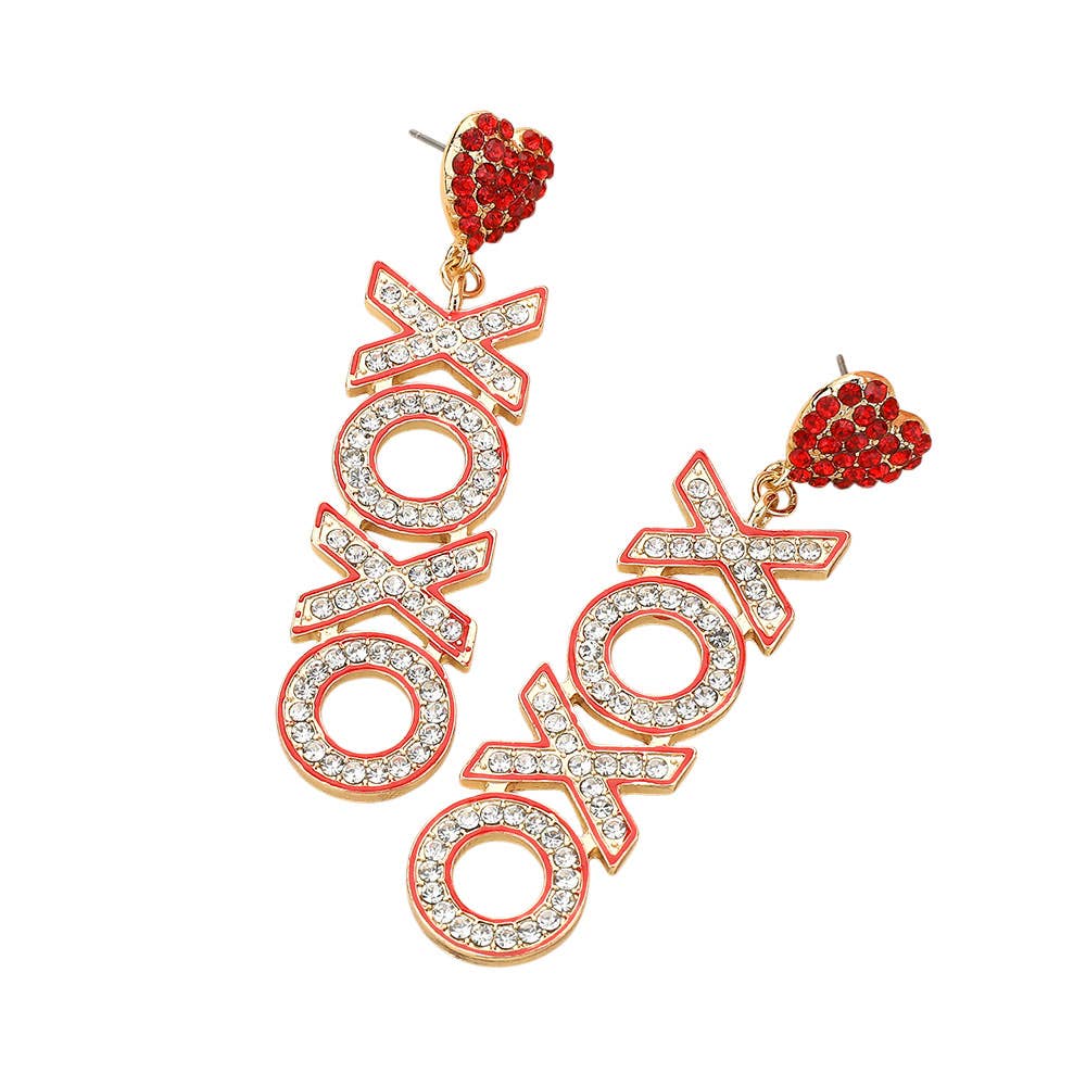 Stone Paved XOXO Message Dangle Heart Pointed Earrings
: Red