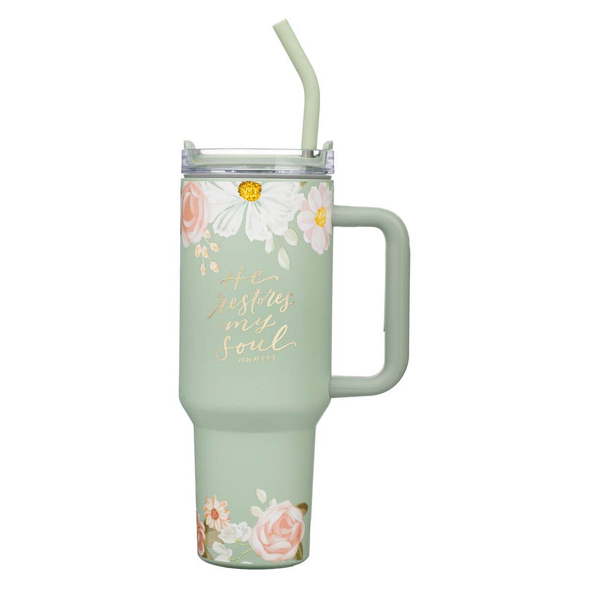 Tumbler w/straw SS Green He Restores my Soul Ps. 23:3