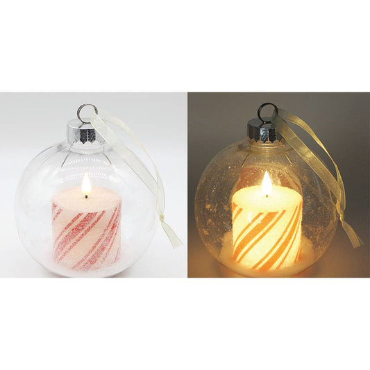 Large Plastic Ball Ornament w/ Frosty Candy Cane LED Candle