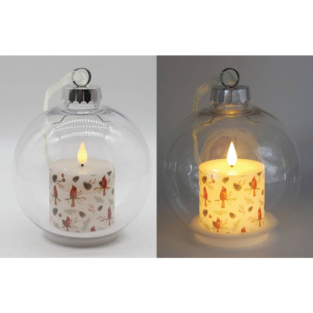 Large Plastic Ball Ornament with Cardinal LED Candle