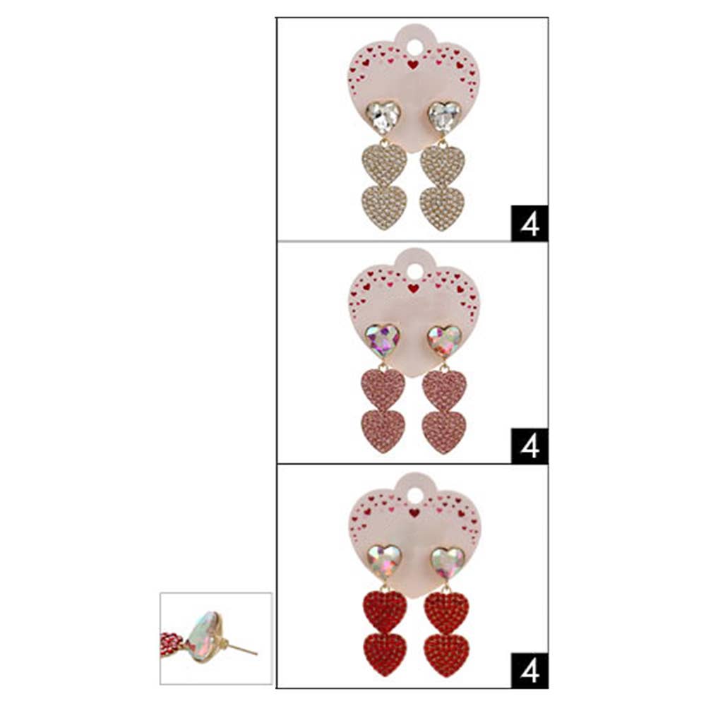 12PAIRS - Stone Paved Double Heart Stone Dropdown Earrings