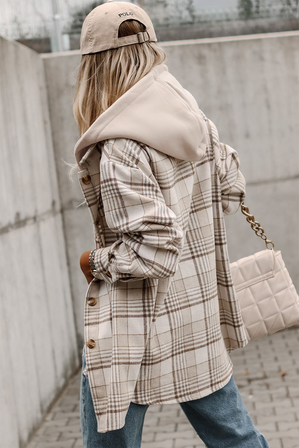 Khaki Plaid Shirt emovable Hood Buttoned Shacket: Khaki / 100%Polyester / M