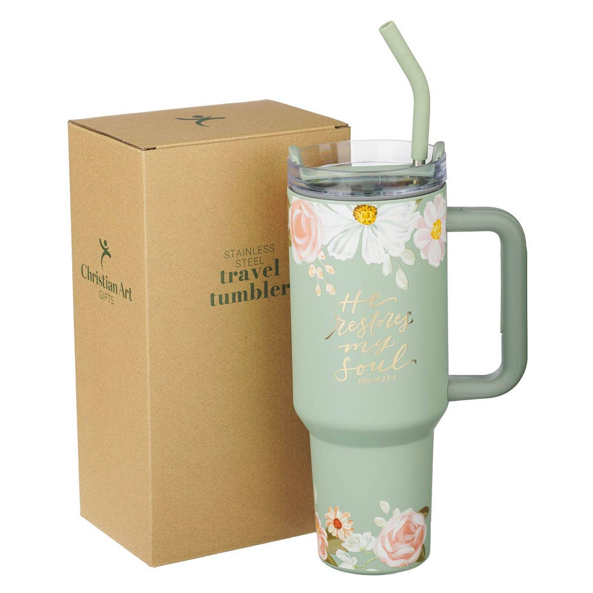 Tumbler w/straw SS Green He Restores my Soul Ps. 23:3