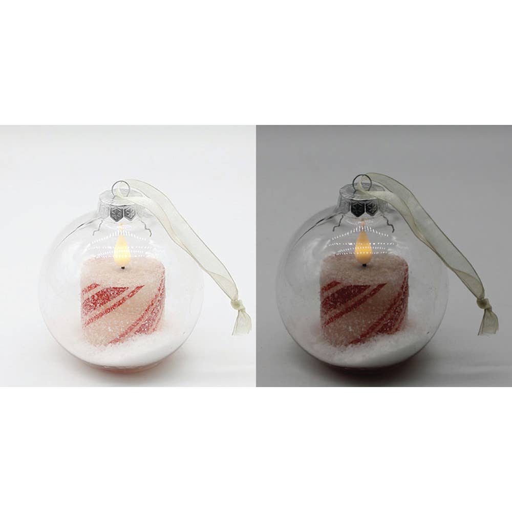 Small Plastic Ball Ornament w/ Frosty Candy Cane LED Candle